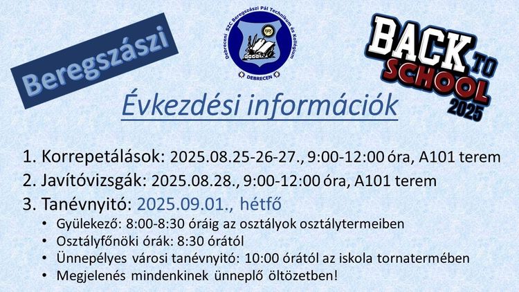 Évkezdési információk